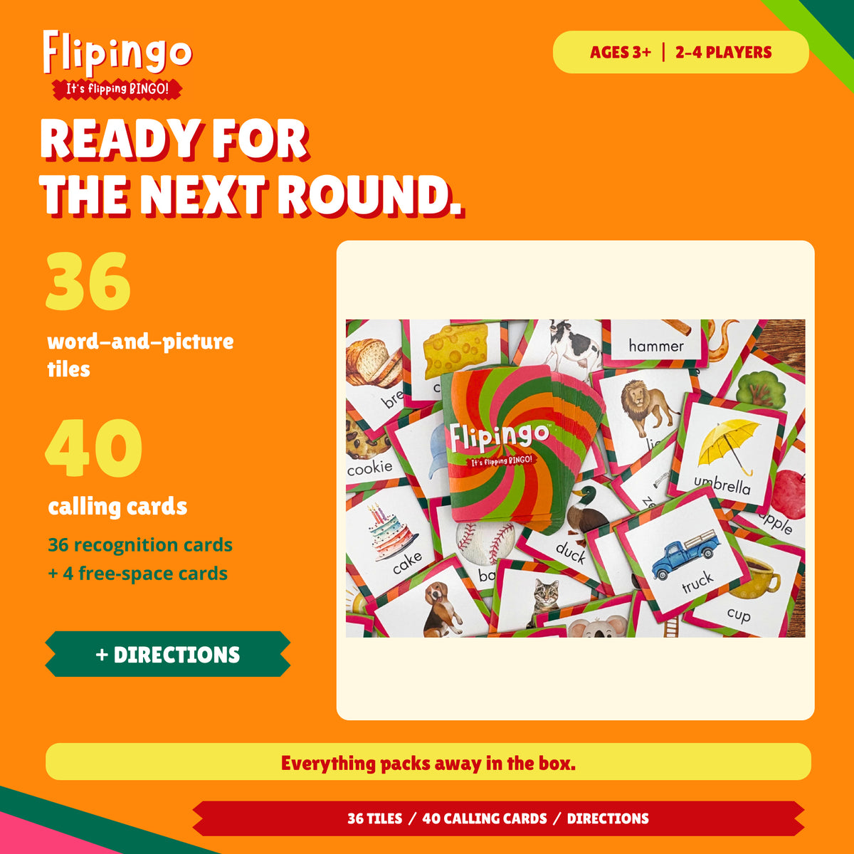 Flipingo includes 36 tiles, 40 calling cards and directions