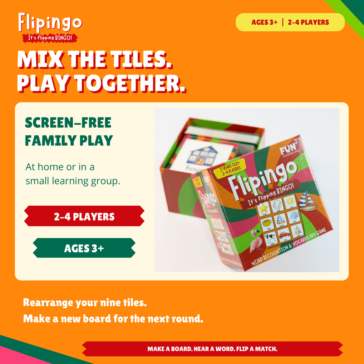 Flipingo box with screen-free play for two to four players ages three and up