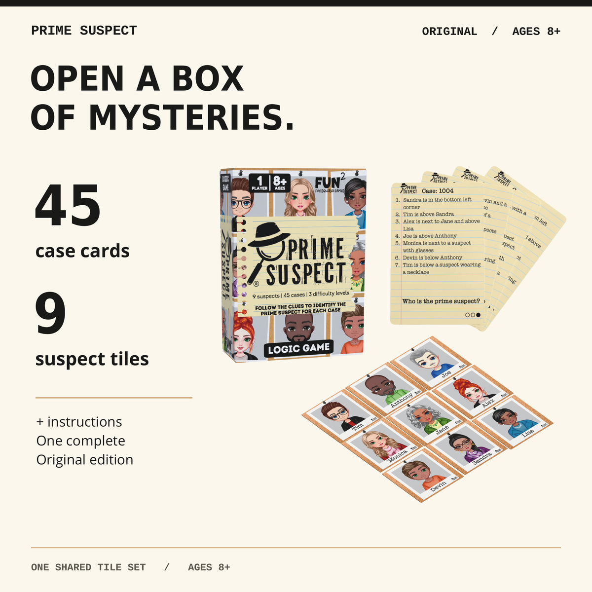 Prime Suspect Original with 45 case cards, nine suspect tiles and instructions