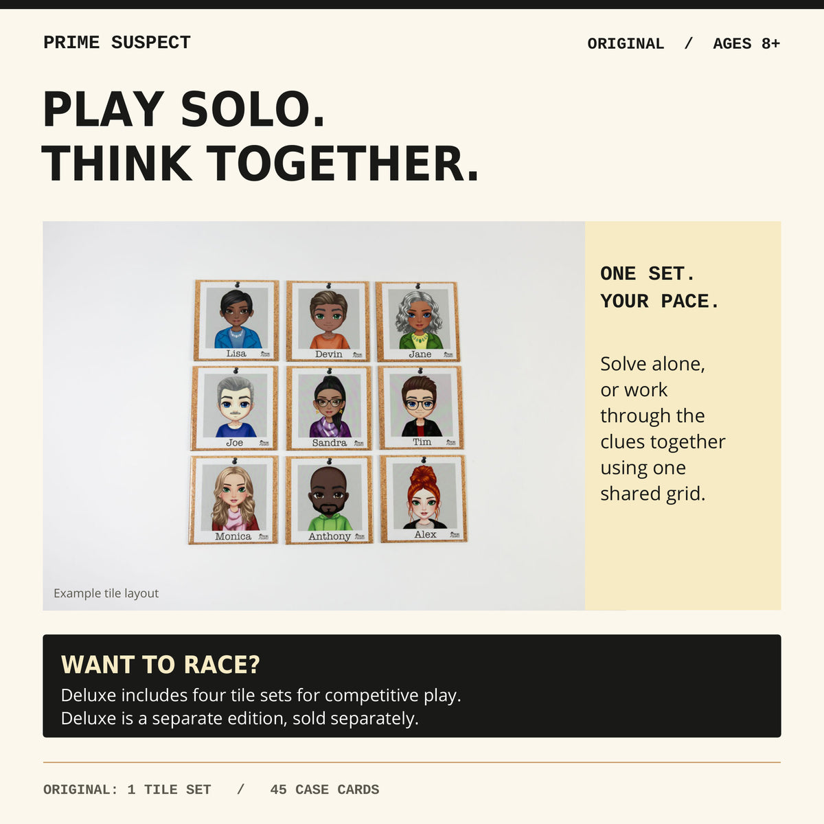 Nine Original suspect tiles with guidance for solo or shared-grid play