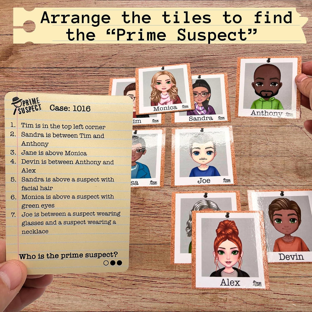 Hands arranging Original suspect tiles beside a case card on a table