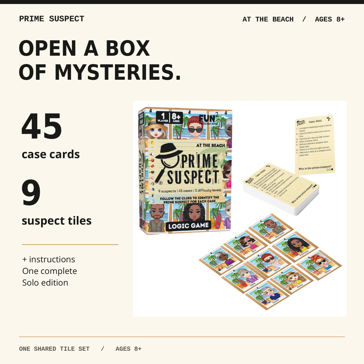 Prime Suspect At the Beach: 45 case cards, nine suspect tiles and instructions