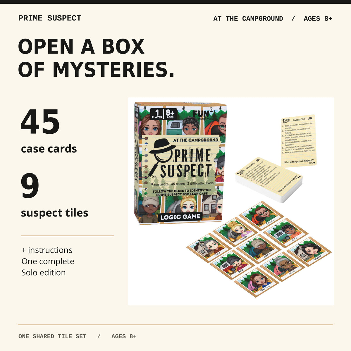 Prime Suspect At the Campground: 45 case cards, nine suspect tiles and instructions