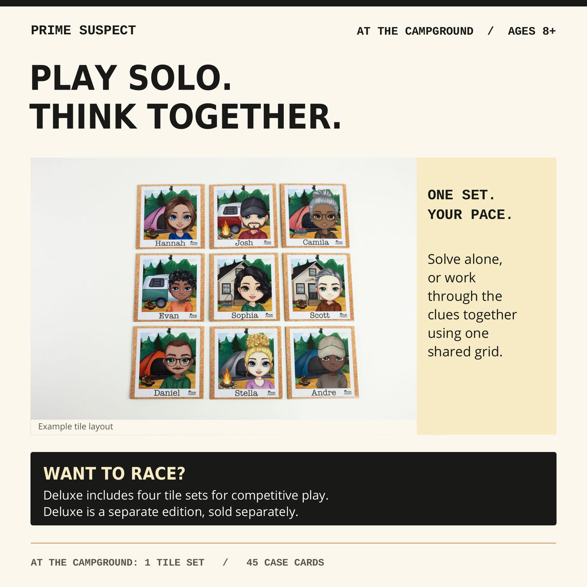 Nine At the Campground suspect tiles with guidance for solo or shared-grid play