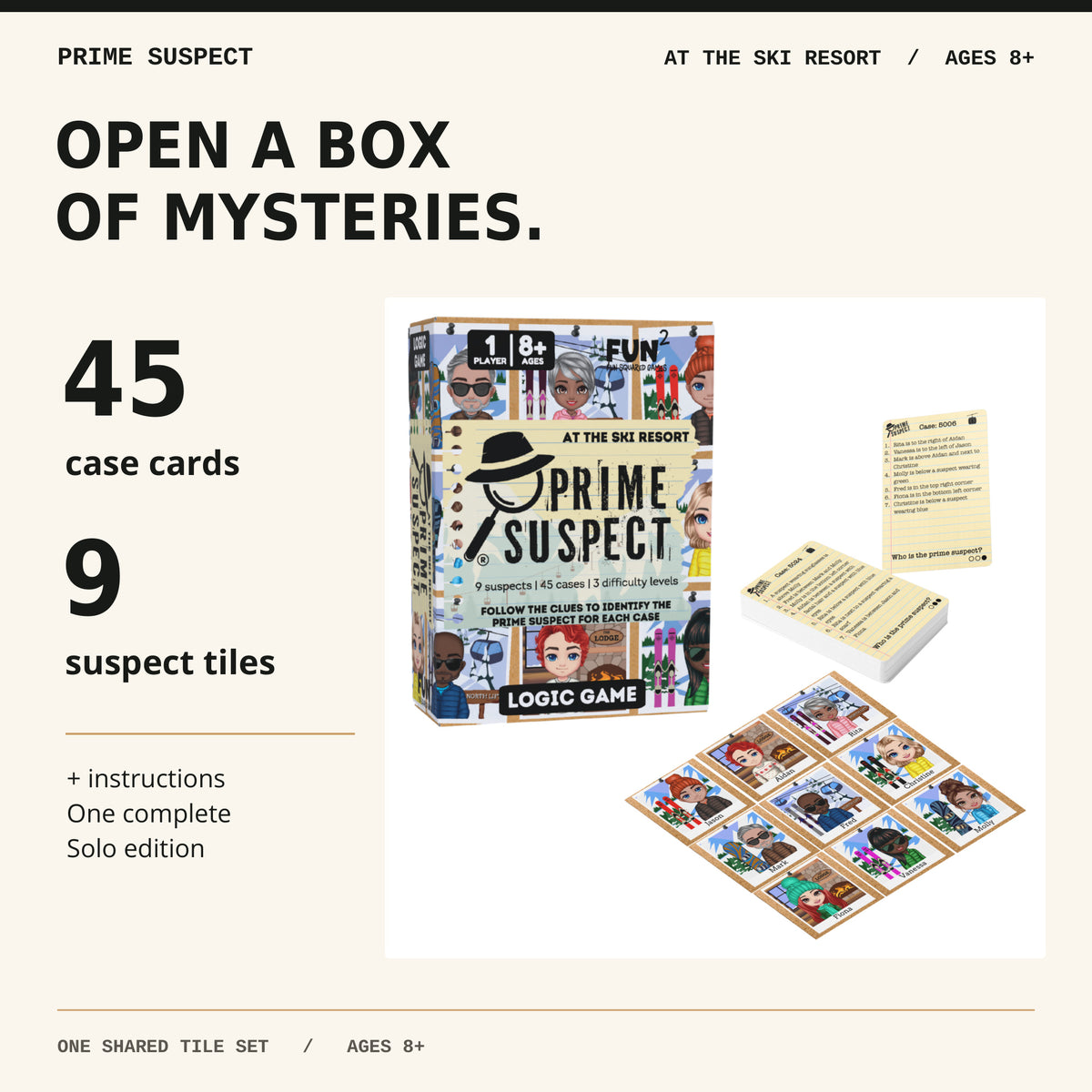 At the Ski Resort Solo with 45 case cards, nine suspect tiles and instructions