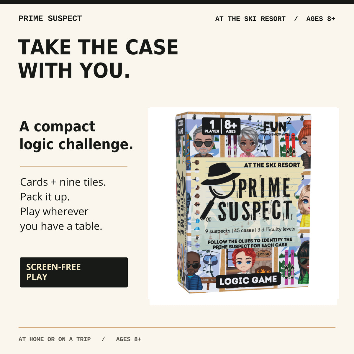 Compact Prime Suspect At the Ski Resort box for screen-free logic play