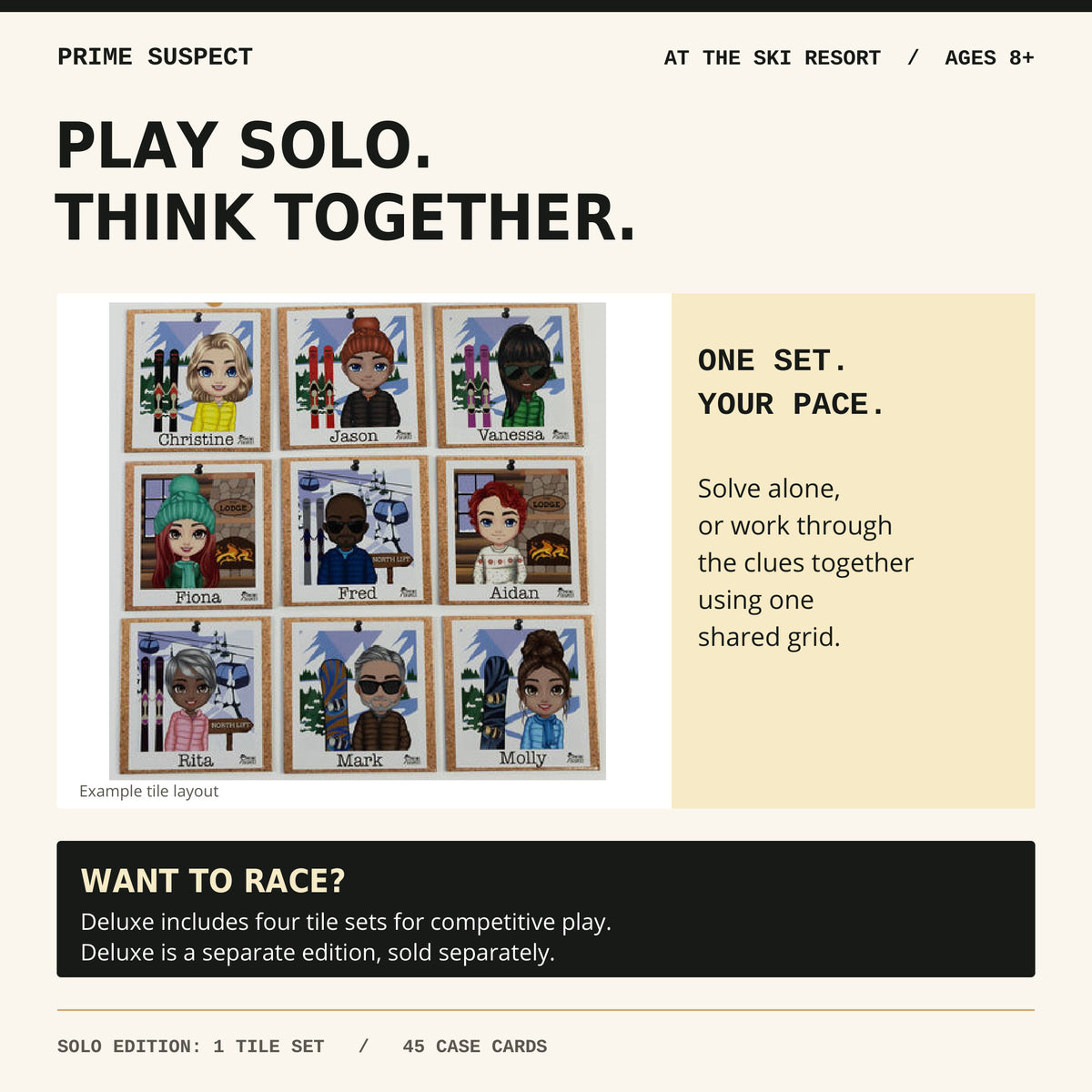 Nine At the Ski Resort suspect tiles with guidance for solo or shared-grid play