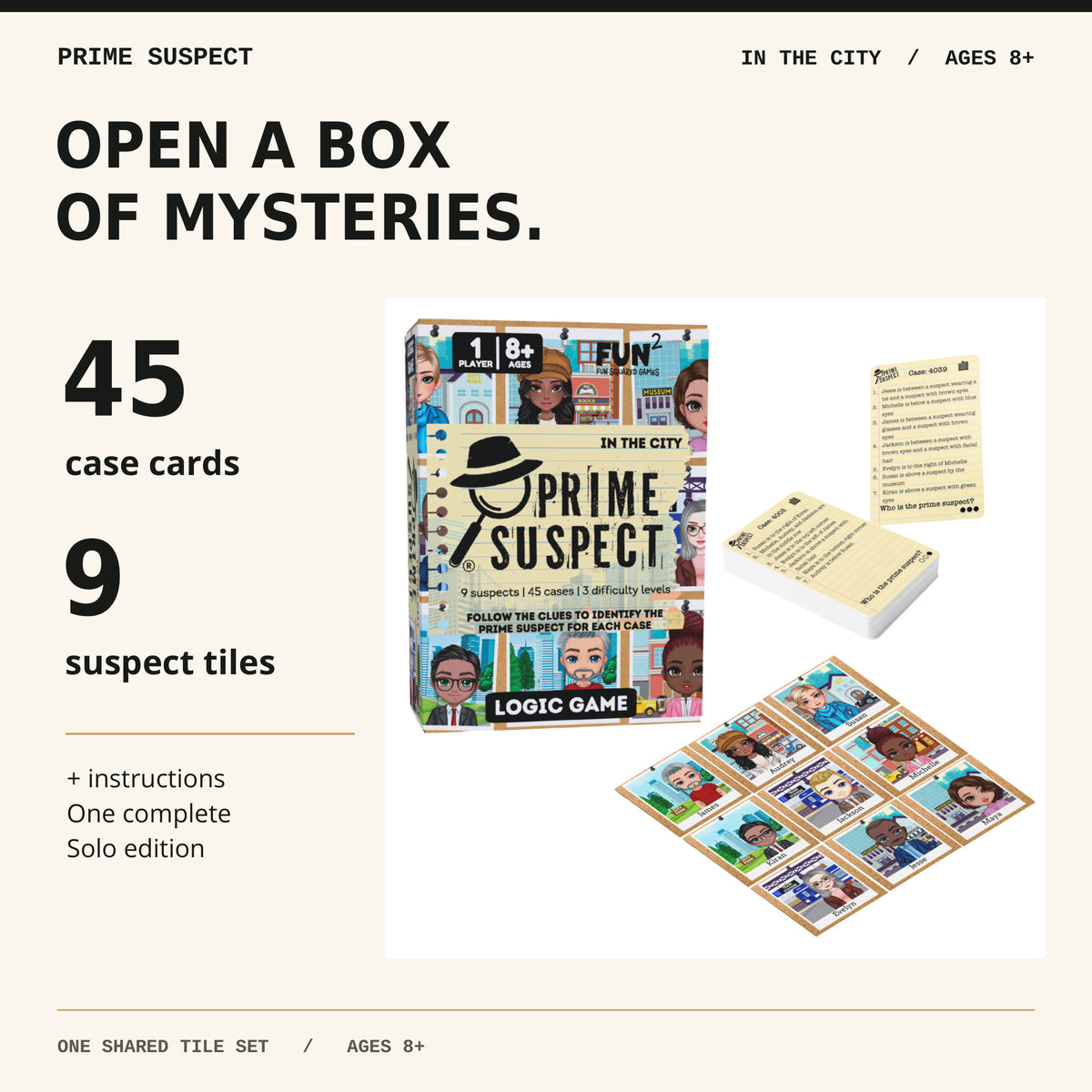 In the City Solo with 45 case cards, nine suspect tiles and instructions