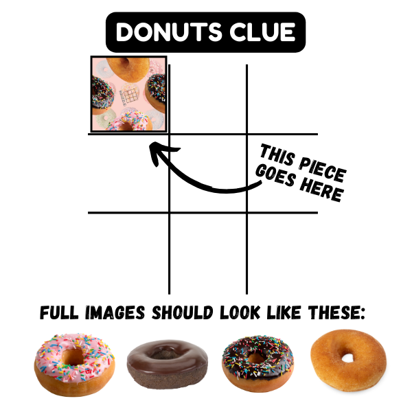 Squzzle Donuts clue diagram with a sample puzzle tile and donut reference images.