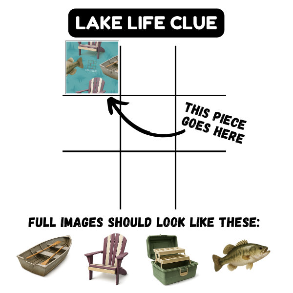 Squzzle Lake Life clue diagram with a sample puzzle tile and boat, chair, tackle box, and fish reference images.