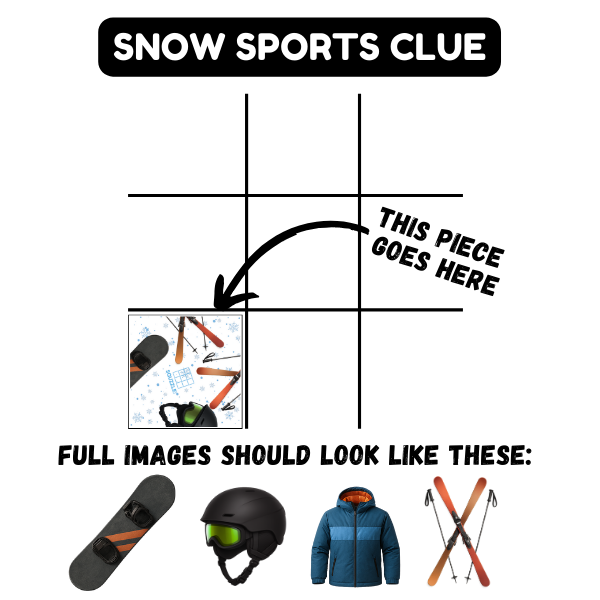 Squzzle Snow Sports clue diagram with a sample puzzle tile and snowboard, helmet, jacket, and ski reference images.